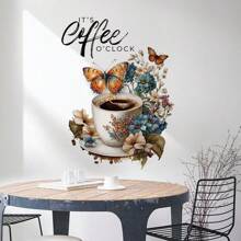 花朵咖啡杯墙贴蝴蝶英文字母装饰贴纸水彩花朵厨柜窗户墙贴花 - 彩色 - 查看 9