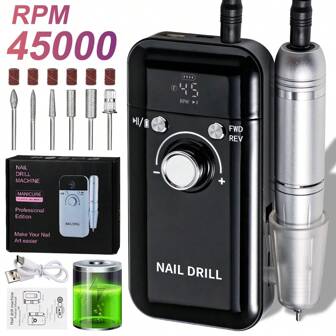 New 45000RPM Professional Electric Nail Drill Machine Rechargeable Acrylic Gel Grinder Tools With 6 Bits And Sanding Bands For Manicure Pedicure Carve Polish Nail Polish Sander Low Noise,Nail File Drill,Machine,Frosted Material, Easy To Clean,Art DIY Home Salon Gift For Women