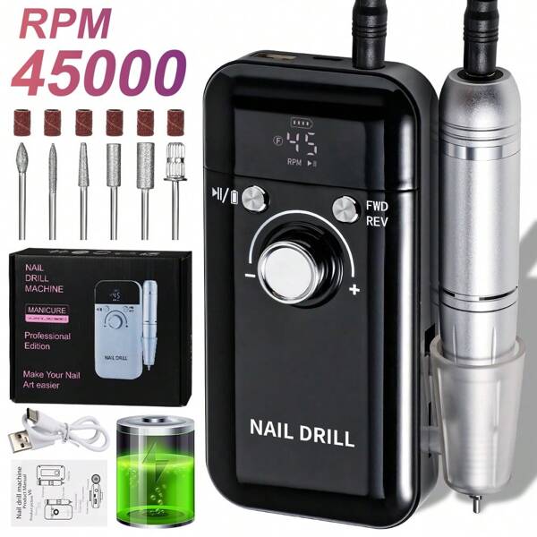 Nouvelle machine à poncer les ongles électrique professionnelle 45000 TR/MIN rechargeable avec 6 embouts et bandes de ponçage pour manucure, pédicure, sculpture, polissage d'ongles. Faible niveau sonore, lime à ongles, machine, matériau givré, facile à nettoyer, DIY à la maison, cadeau pour femmes