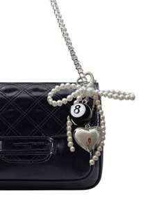 Black Number 8 Billiards Ball Heart Charm Elegant Silvery Heart & Faux Pearl Bow Pendant Y2K Accessories Bows