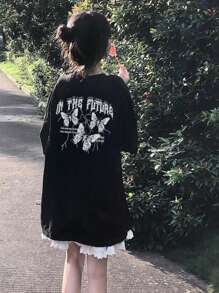 女式夏季新款黑色蝴蝶结图案印花圆领休闲 T 恤 - 黑色 - 查看 1