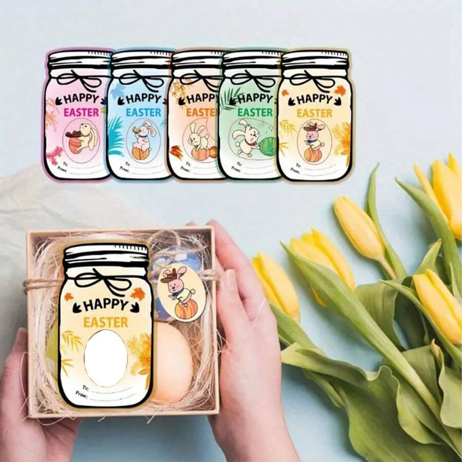10/20 Piece Easter Bunny And Eggs Mason Jar Card Bags - Colorful Plastic/Paper Gift Wrap With "Happy Easter" Tag, Holiday Party Gift Bags - Gift Wrapping Bag - View 1