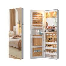 HNEBC LED 镜面珠宝柜，47.2 英寸壁挂式珠宝收纳柜，带全身镜，门上悬挂式珠宝柜储物柜，折叠梳妆台，2 个抽屉，可上锁，3 个架子，化妆品收纳架，适合返校季