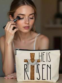 1 pieza Bolsa de cosméticos con estampado de lino de conejito de Pascua, hermosa bolsa de maquillaje de viaje y monedero multipropósito, regalo práctico y ligero para mujeres