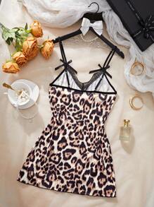 1 szt. Damska seksowna koszula nocna, kontrastowa kokarda w panterkę, koronkowa, z nadrukiem, rozcięcie na dole, koszula nocna z rozcięciem