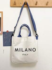 White Canvas Bag Ins Style Messenger Bag Printed With Letters "MILANO ITALY ﻿", Large-Capacity New Cute Shoulder Bag, Diagonal Shoulder Bag, Cute Bow Leopard Design Highland Cow Pattern, Large-Capacity Tote Bag, Portable, Adjustable Blue Shoulder Strap,With Artistic Letters And Pattern Printing Design, And Convenient Shopping Bag For Daily Use. Teacher'S Thank-You Gift, Mother'S Day Gift, Suitable For Travel,Beach, School, Work & Daily Use