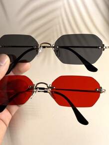 015835340007 2副男士超大红色六边形镜框复古全金属时尚眼镜，渐变色，适合街头、海滩、日常通勤，经典复古旅行者时尚眼镜（含挂绳和清洁布） - 1*金/灰+1*金/紅 - 查看 6