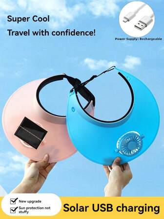 1 件可充电太阳能返校可穿戴帽扇，可调节 2 种电源模式，3 种风速设置，45° 上下倾斜