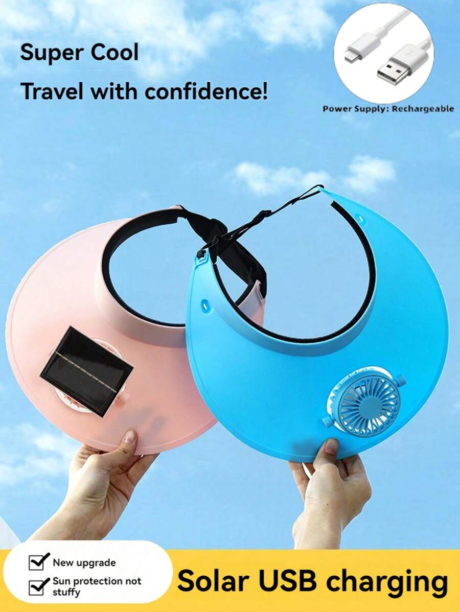 1 pieza Gorra con ventilador recargable y con energía solar, Vuelta al Colegio, 2 modos de alimentación ajustables, 3 velocidades de viento, inclinación de 45° hacia arriba y hacia abajo