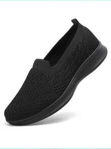 Breathable Mesh Casual Flat Slip-On Shoes, Women's Versatile Comfortable Plain Sneakers, Suitable For Sports, Daily Wear, Walking, Work, Large Size - Black - View 4