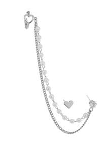 Nooxian 2pcs/Set Heart Shaped Faux Pearl Tassel Copper Zirconia Ear Cuff & Earring Set (Pearl Quantity Random) - Silver - View 3