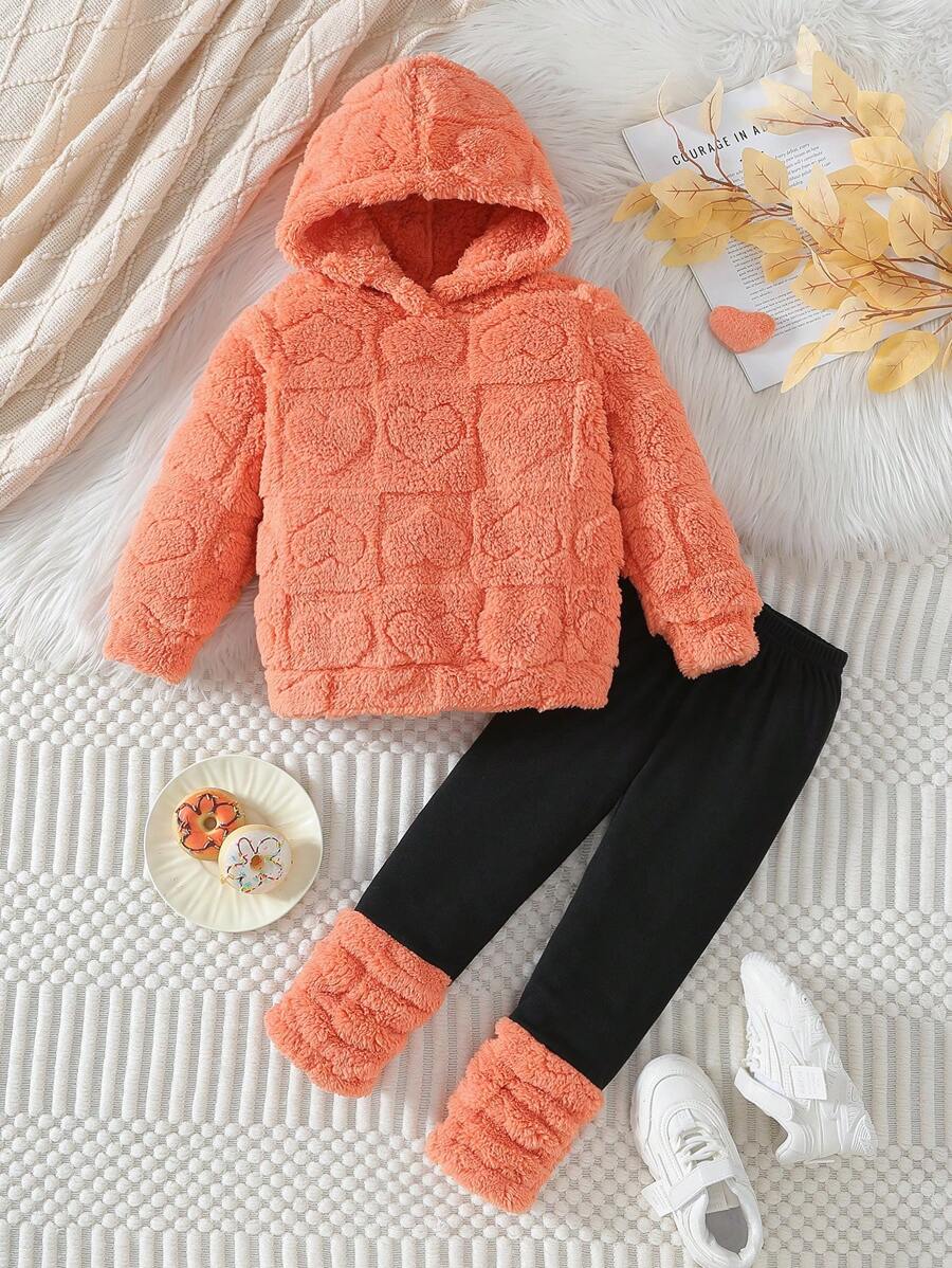 Girls' Winter New Warm Plush Love Hooded Korean Fashion Two-Piece Suit, Suitable For Outdoor Scenes. - 橘色 - 查看 1
