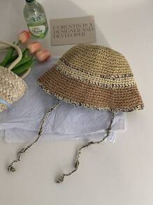 1pc Teenage Girl Sweet Straw Hat With Ribbon Decor, Versatile Bucket Hat Design For Sun Protection, Spring/Summer - Straw Bucket Hat - View 21