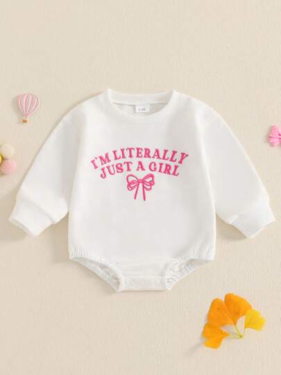 Baby Girls Sweatshirts Rompers Letter Bowknot Embroidered Round Neck Long Sleeve Fall Bodysuits Jumpsuits