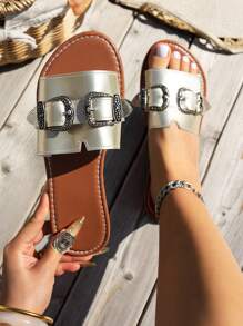 WRCVS White Women's Sandals, Solid Color Stripe, Young Style, Leather Buckle, Sexy Open Toe, Lightweight Flat, Adjustable Strap , Convenient For Party, Beach