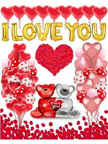 560片/套爱心气球花瓣套装（2个18英寸气球+20个10英寸气球+1个LOVE气球+500片花瓣），适用于婚礼和订婚派对装饰。 - 玫瑰紅 - 查看 3