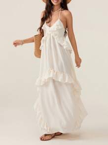 Womens Summer Spaghetti Strap Long Dress Boho Low Cut Dress Backless Flowy Midi Dress Bohemian Maxi Dresses Beachwear - 米色 - 查看 6