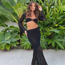 Women Summer Bikini Coverups 2pcs Outfit Set Beachwear Long Dress Crochet Knit Hollow Out Long Sleeve Off Shoulder Crop Top + Long Maxi SkirtsSexy Sundress Swimsuit Cover Ups - 黑色 - 查看 3