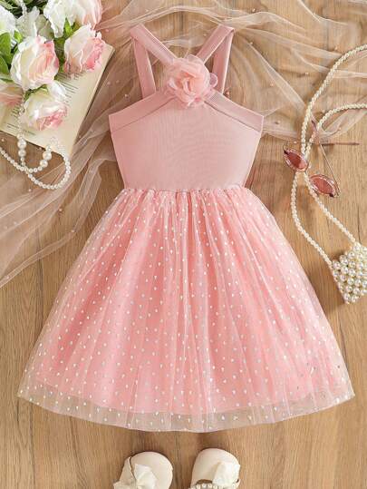 Girls Lovely Sweet 3D Floral Criss-Cross Crop Top & Heart Print Mesh Hem Dress, Fashion Summer Outfit Suitable For Outdoor, Shopping, Party, Banquet