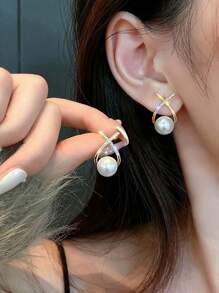 مجموعة 5 أزواج أقراط مكونة من لؤلؤ مزيف، أشكال هندسية وأزهار في طراز عتيق بسيط، أنيقة وحصرية مناسبة للنساء لارتدائها يوميًا وفي المناسبات - البدلة د - مشاهدة 2