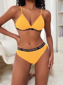 1 Set Women's French Style Sexy Lightweight Solid Color Letter Breathable Deep V Bra And Panty Lingerie Set - Yellow - View 5