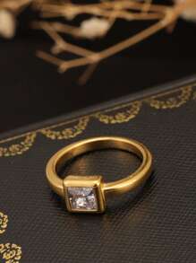 1pc Stainless Steel Square Diamond Ring, 18K Gold Color Simple Square Zirconia Gemstone Ring, Suitable For Women For Daily Wear, Wedding, Gift For Mother, Wife