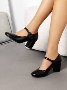 Women's Mary Janes Chunky Heel Pumps Round Toe Solid Color Comfortable Party Wedding Dress Shoes - 黑色 - 查看 3
