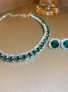 1 Set Crystal Necklace And Earring Jewelry Set - Green - View 1
