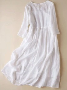 Váy midi thêu cổ điển, Váy đi làm hàng ngày thêu cổ tròn tay 3/4 phong cách Boho, Váy chữ A thêu thanh lịch cho nữ, Váy mùa hè đơn giản phong cách cổ điển cho nữ ngày lễ, Đồ trang trí thêu kỳ nghỉ Bohemian - trắng - Xem 4