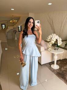 Women's Elegant Tailored Set – Asymmetrical Structured Top And Straight Trousers - 淺藍色 - 查看 2