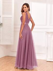 Đầm phù dâu dáng chữ A không tay cổ chữ V bằng vải lưới đính sequin và thêu, đầm dạ hội thanh lịch dành cho nữ, đầm dự tiệc cưới trang trọng, trang phục dự tiệc gala ngày lễ. - tinh bột củ sen - Xem 3