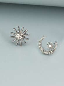 1 Pair Delicate Elegant Rhinestone Star & Moon Stud Earrings, Suitable For Women On Holidays, Birthday, Date, Party, Vacation, Daily Commute