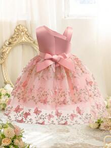 Young Girl Flower Formal Dress With Embroidery & 3d Butterfly Decor, Tulle Puffy, Suitable For Weddings And Parties - Pink - View 6
