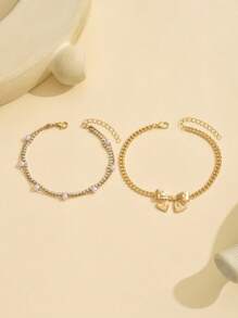 2pcs/Set Versatile Alloy Metal Bowknot & Faux Pearl Rhinestone Accented Anklet, Suitable For Women Everyday Wear, Beach, Party