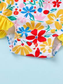 2pcs Set Elegant & Cute Baby Girls Floral Colorblock Ruffle Zipper Front Long Sleeve Romper & Bowknot Decor Hat, Suitable For Leisure, Swimming Pool, Beach, Vacation, Party - Multicolor - View 5