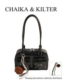 CHAIKA & KILTER 1 件女士亮面 PU 面料单肩包，时尚多口袋大容量波士顿保龄球包，带拉链开合，适合日常和户外使用（含吊坠） - 黑色 - 查看 4