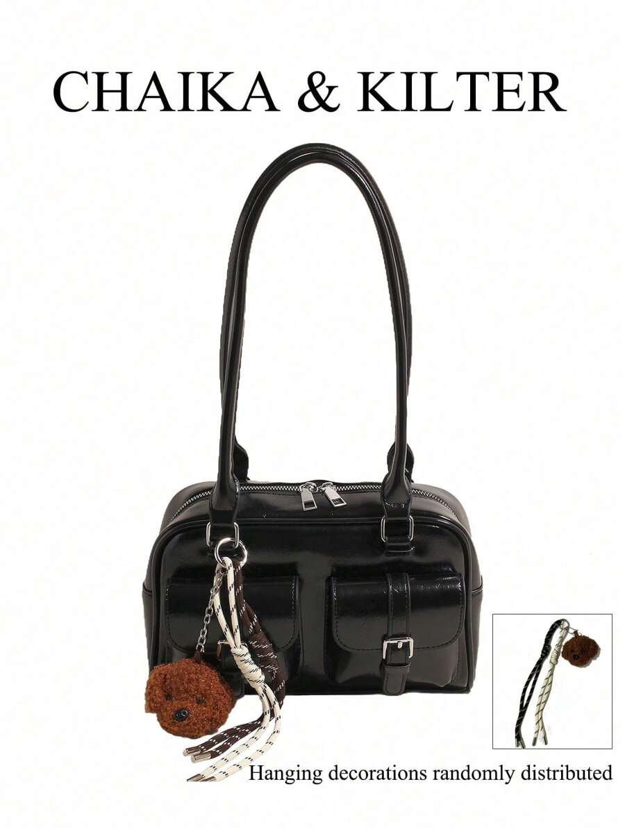 CHAIKA & KILTER 1pc Glossy PU Fabric Shoulder Bag For Women, Fashion Multi-Pocket Large Capacity Boston Bowling Bag With Zipper Closure, Suitable For Daily And Outdoor Use (Includes Pendant) - Black - View 1
