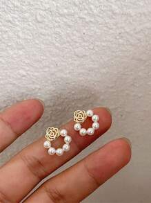 8pcs/Set Minimalist Asymmetrical Pearl, Hollow Flower Petal, Shell, Star & Round Shape Stud Earrings Set, Versatile For Women, Daily & Holiday Wear - Set F - View 7