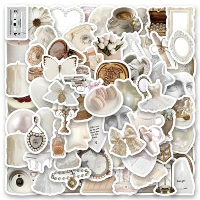 101 张白色美学贴纸乙烯基美学贴纸、贴花、剪贴簿、日记、保险杠、滑板、水瓶、卡通、安全帽、汽车贴纸