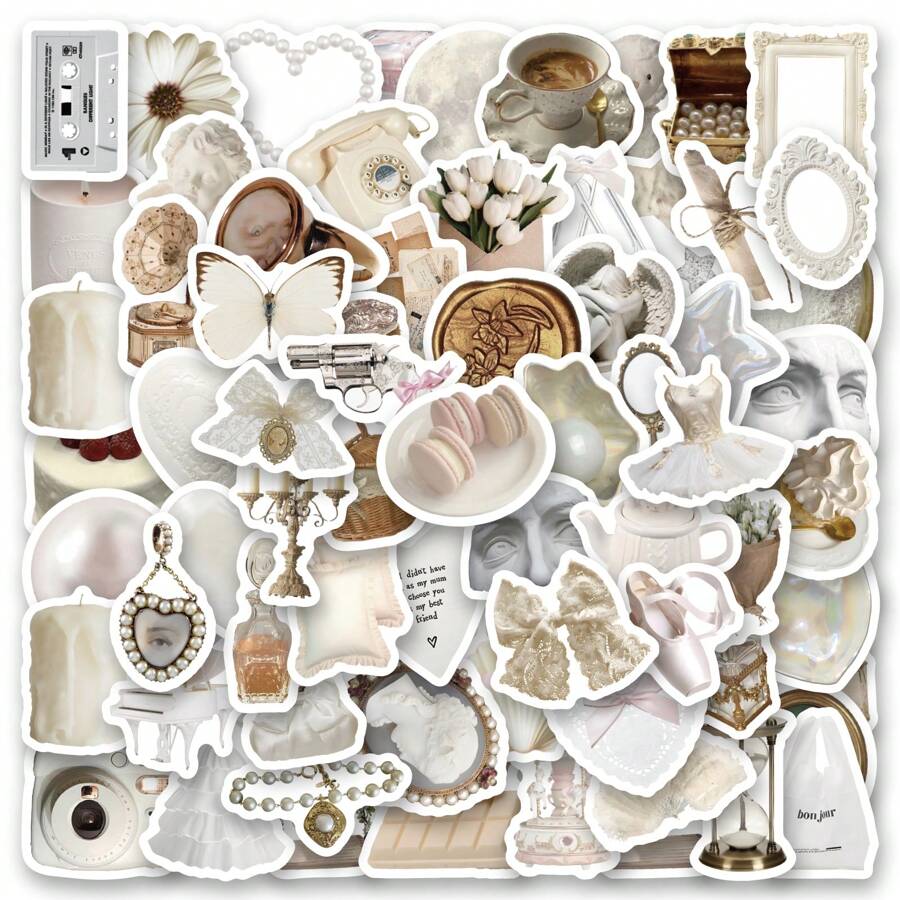 101 张白色美学贴纸乙烯基美学贴纸、贴花、剪贴簿、日记、保险杠、滑板、水瓶、卡通、安全帽、汽车贴纸 - 彩色 - 查看 1