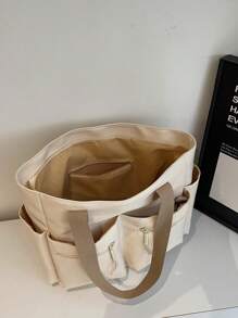 Nueva bolsa de mano de gran capacidad para ir a la escuela, versátil bolso de hombro tipo tote para estudiantes universitarios - Beis - Ver 5