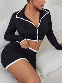 Rave Y2K 2Pcs Color Block Binding Trim Button Fly Long Sleeve Crop Top & Bodycon Mini Skirt Knit Sweater Set - Black - View 1