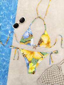 Set de 2 piezas Bikini con estampado de leopardo y flor con decoración de estrella de mar de metal, traje de baño de uso libre en la playa o piscina para señoras (color elegido al azar), con almohadillas desmontables, vestidos de verano para mujeres, ropa de verano para mujeres, festival, faldas, atuendos de Ibiza, traje de baño para mujeres, conjunto de bikini, traje de baño para mujeres, ropa de playa para mujeres, co-ord de vacaciones, vestido de playa, conjuntos de bikinis para mujeres, traje de baño, amarillo mantequilla