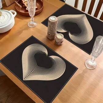 1/2/4/6/8 Pcs Simple Black Placemats, 12*18 Inch Linen Rectangular Placemats, Heart-Shaped Design Placemats, Anniversary Decor, Romantic Love Placemats, Holiday Decoration, Wedding, Party, Kitchen & Dining Decor Placemats