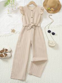 Tween Girls Casual Chiffon Cap Sleeve Jumpsuit With Belt, Simple Solid Color, Summer - Brown - View 1