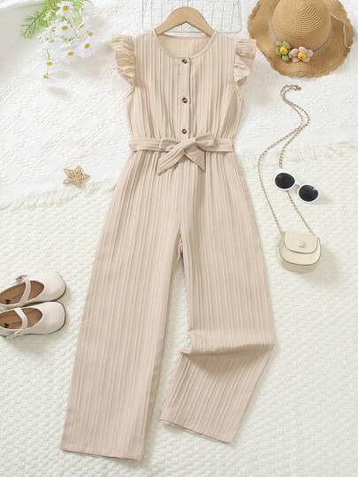 Tween Girls Casual Chiffon Cap Sleeve Jumpsuit With Belt, Simple Solid Color, Summer