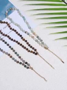 6 毫米天然石打结串珠项链、磨砂亚马逊石颈链、虎眼石颈链、优雅宝石项链、精致珠宝诞生石项链礼物 - 彩色 - 查看 3