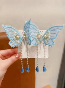 2 piezas Clip de pelo de mujer elegante y dulce con ala de mariposa, clip lateral con borla de perla falsa