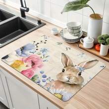 1pc Easter Element Multi-Color Flowers, Cute Rabbit Print Kitchen Countertop With Absorbent Dishwashing Mat, Dishwashing Mat, Kitchen Small Tools, Easy To Clean And Versatile