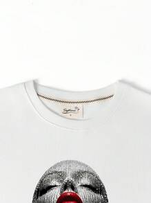 Trừu tượng tinh tế, Chân dung đính hạt, Họa tiết đôi môi đỏ gợi cảm, Áo phông trắng 100% cotton mùa xuân và mùa hè Áo thun nữ tay ngắn, Quần áo phong cách đường phố rộng rãi, Phù hợp với Rock Punk, Giải trí tại nhà - Xem 3